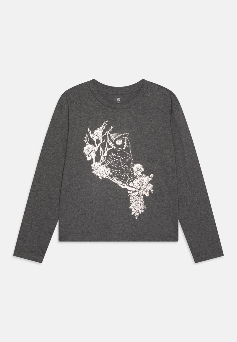 Hosszúujjú, sötétszürke anyagú póló, fehér baglyos és virágos mintával az elején, kerek nyakkivágással és laza szabással.