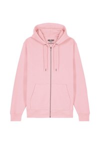 Svetlo roza zip-up kapuca izdelana iz mehke tkanine. Ima kapuco z vrvico, sprednje žepke ter ribane manšete in rob. Preprost dizajn.