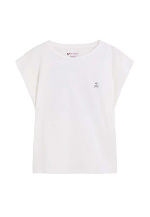 T-shirt blanc en coton à manches courtes avec col rond et petit logo tête de mort et os croisés sur la poitrine gauche.