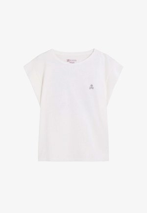 T-shirt blanc en coton à manches courtes avec col rond et petit logo tête de mort et os croisés sur la poitrine gauche.