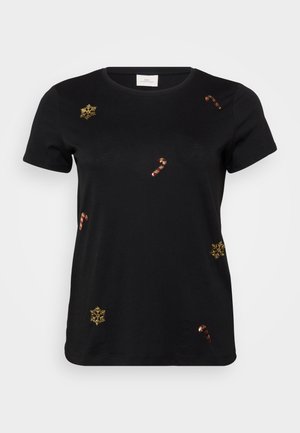 Svart kortermet t-skjorte med gullbroderte snøfnugg og sukkertøy, med en klassisk crew-neck og myk bomullsstoff.