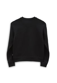 Sudadera negra con cuello redondo, mangas largas y puños acanalados. Textura lisa, detalles mínimos y una silueta ajustada en la base.