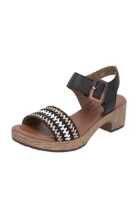 Black leather sandals with a woven black, white, and tan strap, featuring a square buckle and a textured platform heel.