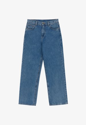 Blue high-waist straight-leg jeans with front button and zipper closure, belt loops, and five pockets on a white background.