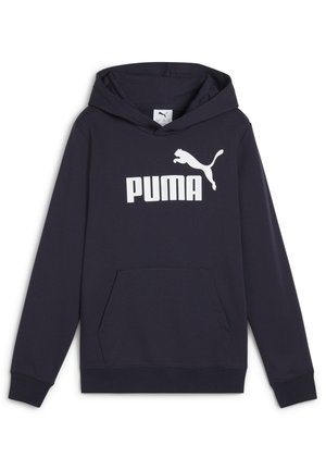 Granatowa bluza z kapturem wykonana z mieszanki bawełny, z przednią kieszenią typu kangurka oraz dużym białym logo PUMA z designem skaczącego kota.