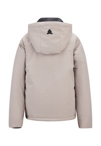 Hellgraue Pufferjacke mit abnehmbarer Kapuze, ausgestattet mit einer glatten Textur, elastischen Bündchen und einem Logo-Detail auf der Rückseite.