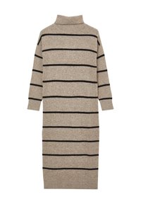 Strickkleid in Beige mit schwarzen horizontalen Streifen, ausgestattet mit einem hohen Kragen und dreiviertellangen Ärmeln. Glatte Textur und mittellanger Schnitt.
