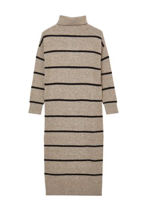 Strickkleid in Beige mit schwarzen horizontalen Streifen, ausgestattet mit einem hohen Kragen und dreiviertellangen Ärmeln. Glatte Textur und mittellanger Schnitt.