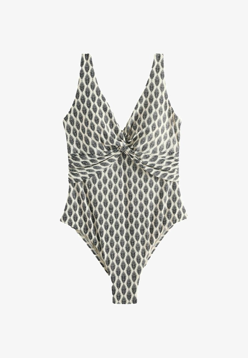 Maillot de bain une pièce avec motif de feuilles noir et blanc, détail noué torsadé au niveau de la poitrine et décolleté en V profond.