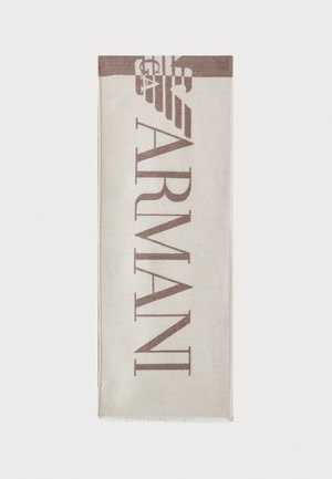 Beige tekstiil sall, millel on suur pruun "ARMANI" logo ja kotka embleem vertikaalselt. 