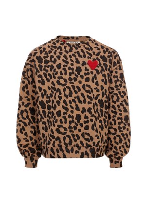 Brun sweatshirt med lange ærmer med sorte leopardpletter og et lille rødt hjerte på øverste venstre bryst.