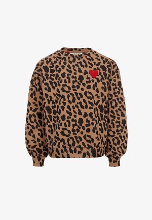 Brun sweatshirt med lange ærmer med sorte leopardpletter og et lille rødt hjerte på øverste venstre bryst.
