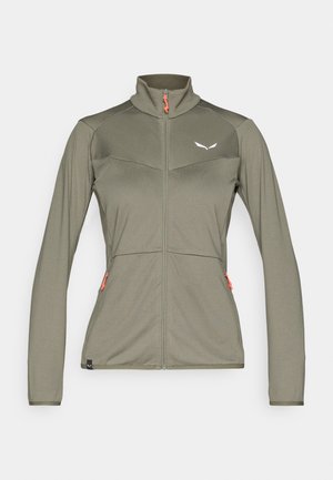 Light olive green women's zip-up jacket with long sleeves, high collar, two zip pockets, and small white logo on chest.