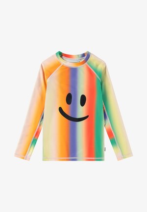 Langarm rash guard met een meerkleurig gradientontwerp en een centrale zwarte smiley face. Gemaakt van gladde, rekbare stof.