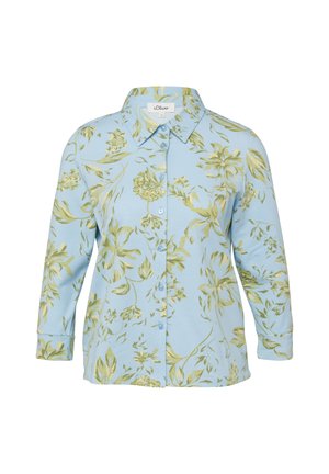 Jasnoniebieska koszula na długi rękaw z guzikami, ozdobiona zielono-żółtym kwiatowym wzorem, z pointed kołnierzem.