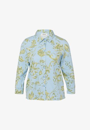 Jasnoniebieska koszula na długi rękaw z guzikami, ozdobiona zielono-żółtym kwiatowym wzorem, z pointed kołnierzem.