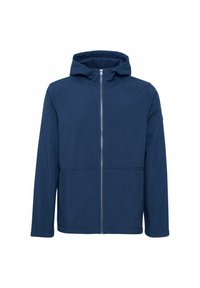 Veste à capuche bleu marine avec une fermeture éclair à l'avant, deux grandes poches et une texture lisse. Elle comporte des poignets élastiques et une coupe décontractée.