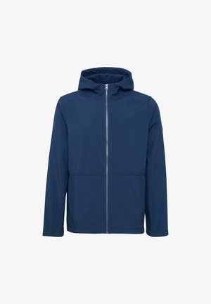Navy blue hooded jacket with a front zipper, two large pockets, and a smooth texture. Features elastic cuffs and a casual fit.