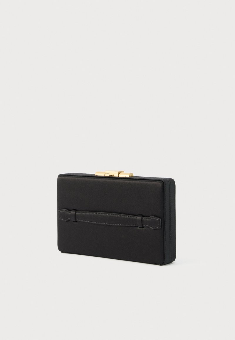 Black rectangular clutch bag with a slim handle strap and gold-tone clasp on a plain light background.