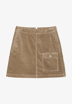 Beige fløjlsnederdel med ribbet struktur, lynlås bagpå og en lommelap på højre side med knaplukning.