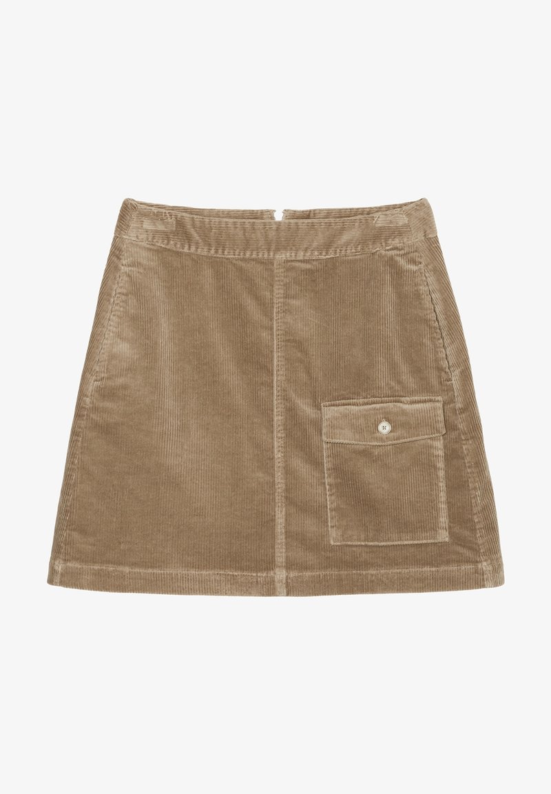 Jupe beige en velours côtelé avec texture côtelée, fermeture éclair à l'arrière et une poche plaquée sur le côté droit avec fermeture à bouton.