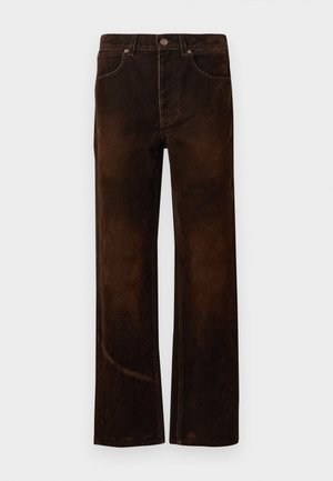 Brown wide-leg jeans made of soft, textured fabric. Features include a button closure, belt loops, and front pockets with contrasting stitching.
