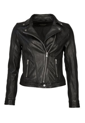 Schwarze Leder-Motorradjacke mit tailliertem Design, Reißverschlusstaschen, asymmetrischem Frontreißverschluss und Druckknopfdetails.