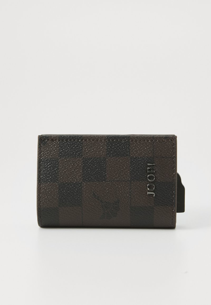 Brown leather wallet featuring a checkerboard pattern, embossed logo, and a textured finish. Compact design with a visible card slot.