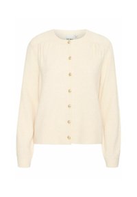 Cardigan beige realizzato in tessuto morbido. Presenta un collo rotondo, maniche lunghe e sei bottoni dorati sul davanti. Orlo semplice a coste.
