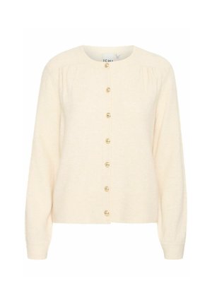Cream cardigan made of soft fabric. Features a round neckline, long sleeves, and six gold buttons down the front. Simple ribbed hem.