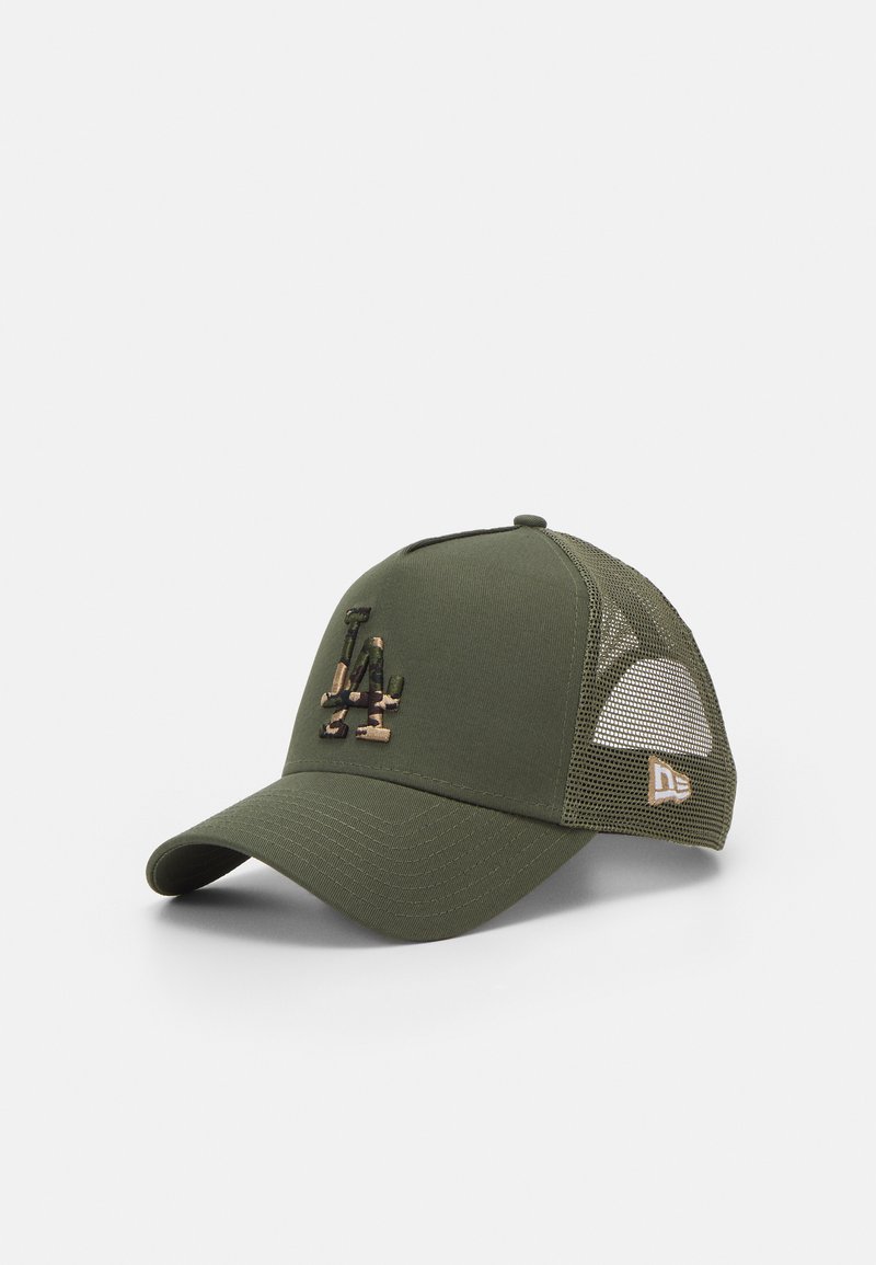 Olive green cap with mesh sides, curved brim, and embroidered logo in camouflage. Features light texture and reinforced stitching.