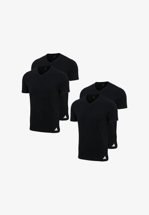 Czarne koszulki typu V-neck w opakowaniu po cztery. Wykonane z miękkiego materiału, z krótkimi rękawami i białym logo na lewym brzegu.