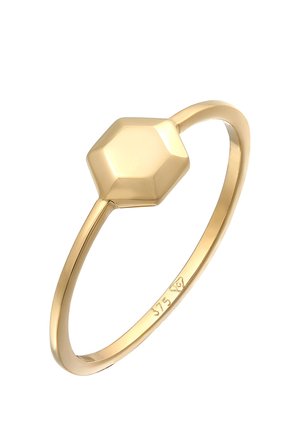 Goldring mit polierter hexagonaler Oberfläche und einem glatten, konisch zulaufenden Band. Auf der Innenseite des Bandes befindet sich ein Stempel, der eine Goldreinheit von 375 anzeigt.