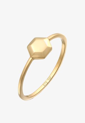 Goldring mit polierter hexagonaler Oberfläche und einem glatten, konisch zulaufenden Band. Auf der Innenseite des Bandes befindet sich ein Stempel, der eine Goldreinheit von 375 anzeigt.