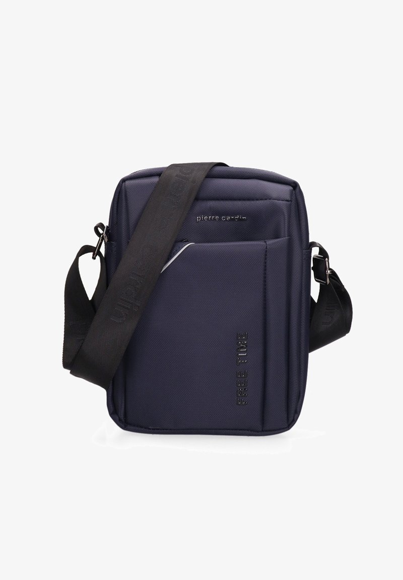 Borsa a tracolla in nylon navy con dettaglio in rilievo "FREE TIME", tracolla regolabile, tasca con zip frontale e superficie liscia.