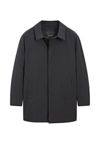 Cappotto nero di lunghezza media realizzato in tessuto morbido, dotato di colletto a punta, chiusura con bottoni e due tasche laterali.