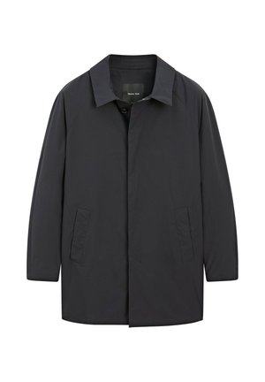 Cappotto nero di lunghezza media realizzato in tessuto morbido, dotato di colletto a punta, chiusura con bottoni e due tasche laterali.