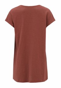 Rustfarvet T-shirt, kortærmet, løs pasform, rund hals, blød tekstur, enkelt design og lige kant.