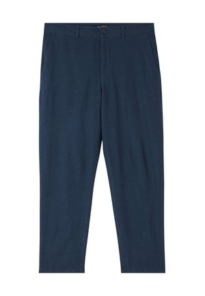 Pantaloni tapered leggeri di colore blu navy, con una texture liscia, dotati di una chiusura a un bottone, passanti per cintura e tasche laterali.