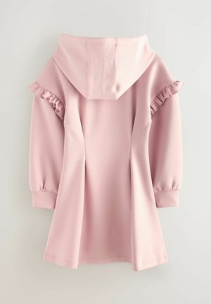 Roze hoodie met ruches op de mouwen, met een ontspannen pasvorm en zachte textuur. De achterkant toont een geplooid ontwerp.