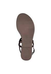 Sole di sandalo marrone con modelli di grip testurizzati. Presenta sottili cinghie intrecciate e un'area del tallone liscia e arrotondata. Taglia 37 contrassegnata alla base.