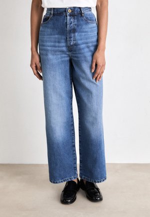 High-waisted blue denim jeans with a relaxed wide-leg fit, featuring a front button closure and classic five-pocket design.
