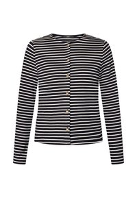 Chemise à manches longues rayée noir et blanc avec un col arrondi et des boutons dorés en forme de cœur sur le devant. Tissu doux, coupe régulière.