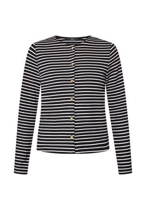 Chemise à manches longues rayée noir et blanc avec un col arrondi et des boutons dorés en forme de cœur sur le devant. Tissu doux, coupe régulière.