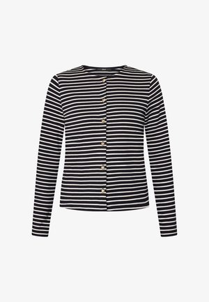 Zwart-wit gestreept lang shirt met ronde hals en goudkleurige knopen in hartvorm aan de voorkant. Zachte stof, normale pasvorm.