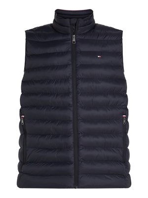 Temno modra puffer brezrokavnik z visokim ovratnikom, sprednjim zadrgo, dvema stranskima žepoma in horizontalno prešito teksturo. Ima majhen logotip.