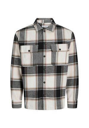 Plaid flannel shirt featuring a mix of black, gray, and beige colors. Two chest pockets and button closure with a classic collar design.
