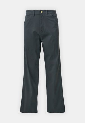 Black pants with a straight leg cut, made from cotton blend fabric. Features a metal button closure and side pockets. No visible patterns.
