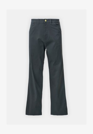 Black pants with a straight leg cut, made from cotton blend fabric. Features a metal button closure and side pockets. No visible patterns.