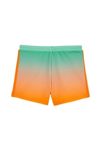 Drenge svømmedragter med et gradientdesign fra teal til orange, lavet af glat stof med elastisk talje og lys syning.